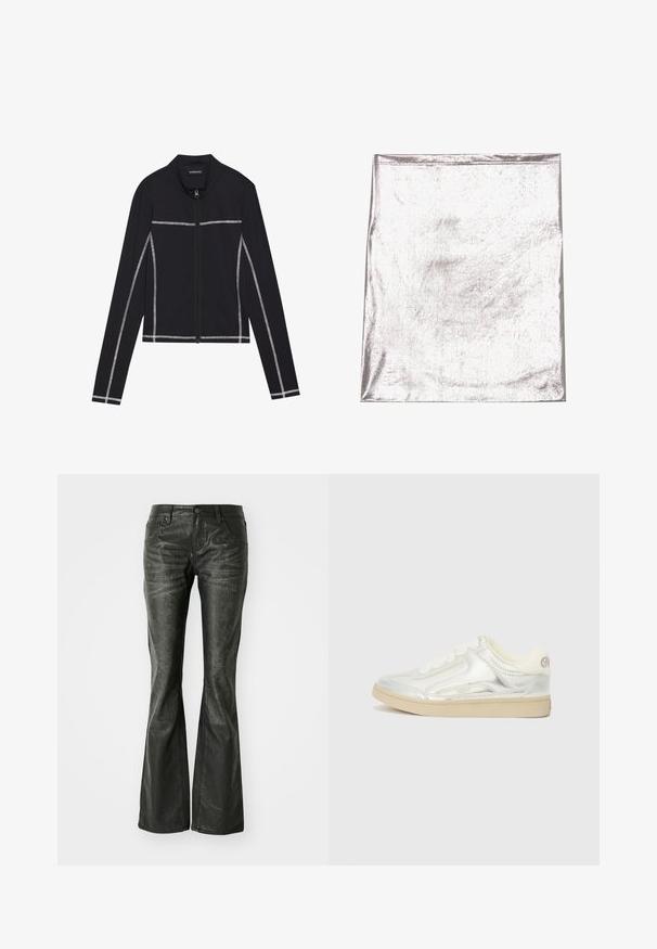 Even&Odd by Zalando Φούτερ με φερμουάρ - black; Μεταλλικό ασημί ύφασμα με λεία υφή και ελαφριά γυαλάδα. Ορθογώνιο σχήμα, οι άκρες ραμμένες τακτοποιημένα, χωρίς έντονα σχέδια ή λεπτομέρειες.; Μαύρα ψεύτικα δερμάτινα τζιν με φαρδιά καμπάνα, μπροστινές τσέπες, κλείσιμο με μεταλλικό κουμπί και ελαφρώς υφασμάτινη επιφάνεια. Ευθεία γραμμή με μακρύ κόψιμο.; Ασημί χαμηλά αθλητικά παπούτσια με ματ μεταλλική επιφάνεια, λευκά κορδόνια, μπεζ καουτσούκ σόλα και διακριτές ραφές στα πλάγια.