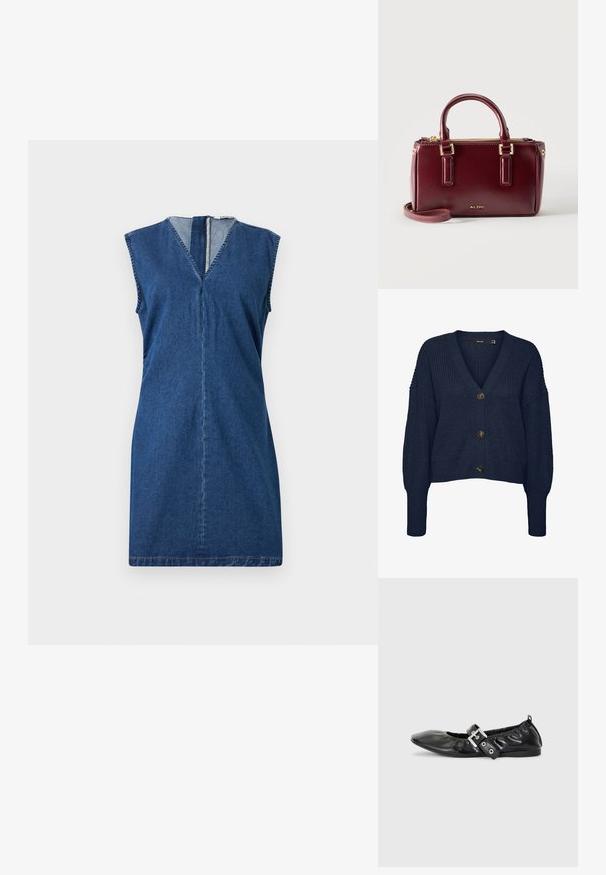 Cardigan de punto grueso azul marino con cuello en V, mangas largas, puños y dobladillo acanalados, y tres grandes botones oscuros en la parte delantera.; Vestido sin mangas de mezclilla con escote en V y costura visible en el centro, con cierre de cremallera en la espalda, en tela de mezclilla azul oscuro.; Zapato plano de piel negra con puntera afilada, detalle fruncido alrededor de la abertura y un acento de hebilla plateada en la correa ajustable.; Pequeño bolso rectangular de cuero rojo oscuro con asas dobles, cremallera dorada y logo de Aldo en el frente.