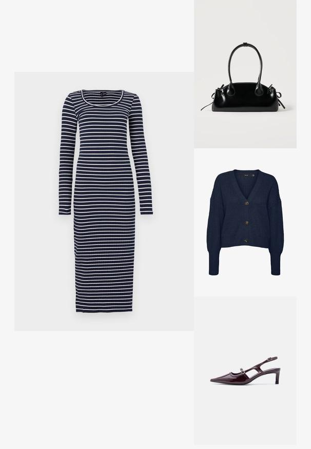 Cardigan de punto grueso azul marino con cuello en V, mangas largas, puños y dobladillo acanalados, y tres grandes botones oscuros en la parte delantera.; Vestido de manga larga, con canalé en rayas horizontales azul marino y blanco, con escote redondo. Silueta ajustada, llegando a la mitad de la pantorrilla.; Zapato slingback de charol burdeos con punta puntiaguda, tacón bajo y doble correa ajustable con hebilla.; Pequeño bolso negro brillante con dos asas largas y detalles de cordón lateral sobre un fondo claro liso.