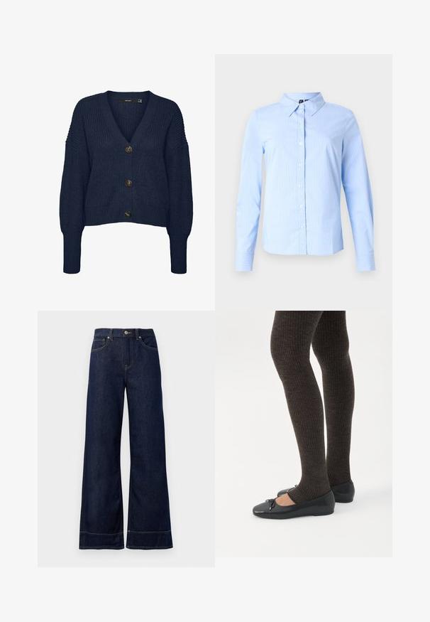 Donkerblauwe grofgebreide cardigan met V-hals, lange mouwen, geribbelde manchetten en zoom, en drie grote donkere knopen aan de voorkant.; Lichtblauw overhemd met lange mouwen, subtiele witte krijtstrepen en een spitse kraag, weergegeven op een effen achtergrond.; Donkerblauwe wijde spijkerbroek van denim. Kenmerken zijn een knoopsluiting, stikdetails en zijzakken. Uiteinde met een flared onderrand.; Benen met donkere geribbelde leggings gecombineerd met zwarte ballerina's met kleine strikdetails op een witte achtergrond.