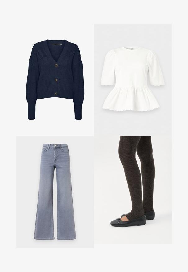 Marineblå chunky strikket cardigan med V-hals, lange ærmer, ribbede manchetter og kant samt tre store mørke knapper foran.; Hvid bluse med pufærmer til albuerne, indsnæret talje og bølget kant på ærmer og nederkant, vist på en ensfarvet baggrund.; Lys blå cowboybukser med vide ben og høj talje, lukkes foran med knap og lynlås, med lommer foran og bagpå, vist på en hvid baggrund.; Ben iført mørke ribbede leggings kombineret med sorte balletsko med små sløjfedetaljer på hvid baggrund.