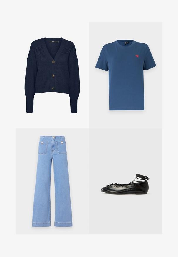 Marineblå chunky strikket cardigan med V-hals, lange ærmer, ribbede manchetter og kant samt tre store mørke knapper foran.; Blå kortærmet T-shirt med rund hals og et lille rødt hjerteemblem på venstre bryst mod en ensfarvet hvid baggrund.; Lysblå vide jeans med høj talje, to baglommer og guldtonede knapper. Lavet af denim med en glat overflade og rent finish.; Sorte balletflade sko i laklæder med rundet tå, snørelukning og flad sål. Glat tekstur med få detaljer.