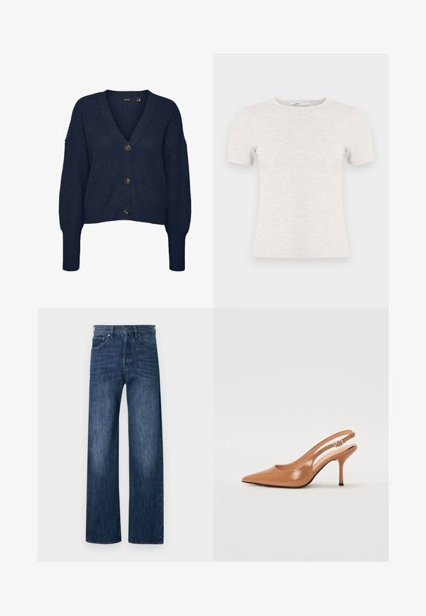 Marineblå chunky strikket cardigan med V-hals, lange ærmer, ribbede manchetter og kant samt tre store mørke knapper foran.; Lysegrå kortærmet t-shirt lavet af ribstrikket stof med rund halsudskæring. Simpelt design, glat tekstur, uden synlige mønstre eller accenter.; Blå denim vidde-bukser med glat tekstur, fem-lomme design og knaplukning. Indeholder let falmede områder for ekstra detaljer.; Spids tå slingback hæl i et glat, blankt tan materiale. Har et buet udskæring design og en slank stiletto hæl. Sølv spænde detalje.