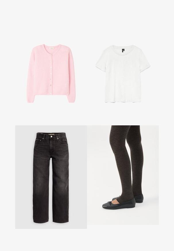 Cárdigan de lana rosa suave con mangas largas y escote redondo, con una fila de botones blancos en la parte delantera.; Camiseta blanca de manga corta con un cuello redondo, hecha de tejido ligero. Diseño simple, textura suave y dobladillo recto.; Levi's® BAGGY DAD - Vaqueros baggy - shrink up; Piernas con leggings oscuros acanalados combinados con bailarinas negras que presentan pequeños detalles de lazo sobre un fondo blanco.