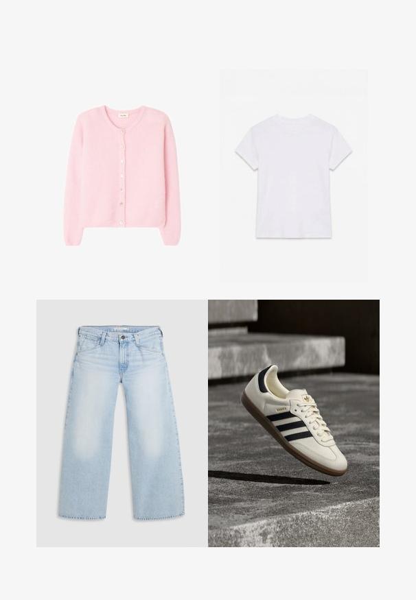 Cárdigan de lana rosa suave con mangas largas y escote redondo, con una fila de botones blancos en la parte delantera.; Camiseta blanca lisa de algodón de manga corta y cuello redondo, colocada plana sobre un fondo blanco.; Jeans de pierna ancha en un suave tono azul, confeccionados en denim. Presentan corte recto, diseño de cinco bolsillos y un cierre de botón en la cintura.; Zapatilla blanca Adidas Samba con franjas negras y suela de goma, flotando sobre escalones de hormigón gris texturizado.