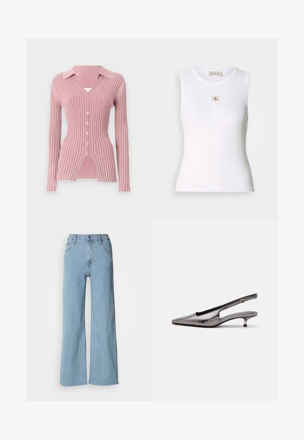 Langærmet, ribbet cardigan i lys pink, med krave ved halsen, v-hals og fem knaplukninger samt en karakteristisk splitkant.; Hvid ribbet ærmeløs top med Calvin Klein Jeans-mærke på brystet og indvendig nakkemærke.; Lyseblå vidde jeans lavet af denim, med en tætsiddende talje, fem-lomme design og subtile syningsdetaljer.; Metalgrå spids slingback-sko med lav kittenhæle og justerbar rem på hvid baggrund.