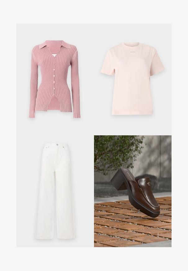 Cardigan de manga larga y canalé en rosa claro, con un cuello con solapas, escote en V y cierre de cinco botones con un distintivo dobladillo dividido.; Camiseta de algodón rosa claro con cuello redondo, mangas cortas y un pequeño logo de "Calvin Klein" impreso en un color a juego en el pecho.; Jeans de mezclilla de cintura alta y pierna ancha en color blanco. Cuenta con bolsillos delanteros, un cierre de botón y detalles de dobladillo deshilachado.; Mule con tacón de cuero marrón Calvin Klein flotando sobre un suelo de baldosas de madera con un fondo borroso de planta verde y pared.