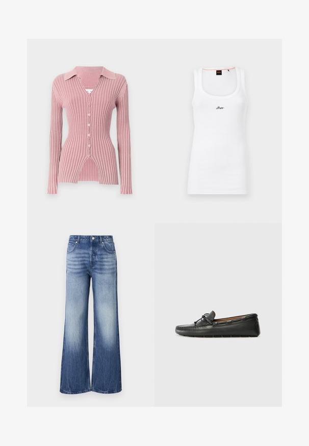 Langærmet, ribbet cardigan i lys pink, med krave ved halsen, v-hals og fem knaplukninger samt en karakteristisk splitkant.; Hvid bomulds tanktop med ribbet tekstur, der har en rund halsudskæring og et lille sort broderet logo på forsiden.; Lysblå brede jeans lavet af denim, med høj talje, falmede tekstur og mærke patch på baglommen.; Sorte læder bådsko med afrundet tå, stikninger, lille sløjfedetalje og gummisål. Glat tekstur og strømlinet design.