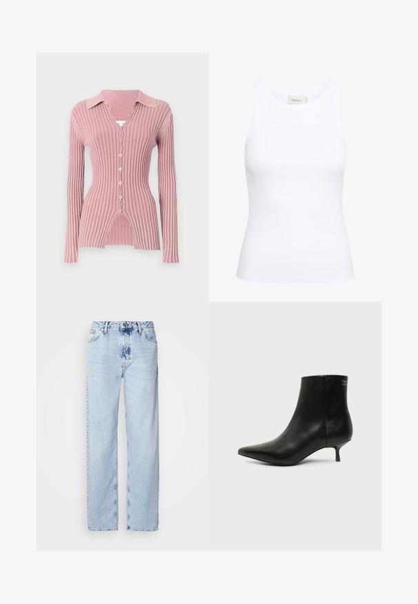 Cardigan de manga larga y canalé en rosa claro, con un cuello con solapas, escote en V y cierre de cinco botones con un distintivo dobladillo dividido.; Top sin mangas de canalé blanco con escote redondo. Tejido elástico y diseño ajustado. La etiqueta en la parte posterior dice "GESTUZ."; Jeans de pierna ancha en azul claro, confeccionados en denim, con una cintura alta, un lavado desgastado y un sutil patrón de tie-dye en la parte delantera.; Botín de piel negra con puntera puntiaguda y tacón bajo estilo kitten sobre fondo claro, mostrando vista lateral exterior.