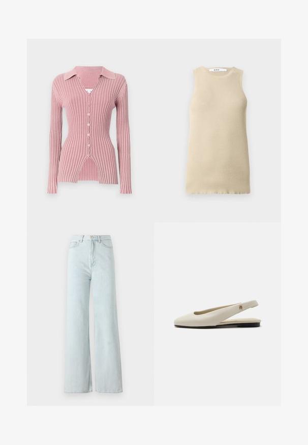 Cardigan de manga larga y canalé en rosa claro, con un cuello con solapas, escote en V y cierre de cinco botones con un distintivo dobladillo dividido.; Top sin mangas de canalé beige con cuello redondo, que presenta un ajuste ceñido y una textura suave, ideal para superponer o para climas cálidos.; Jeans de pierna ancha de un azul claro con cintura alta, hechos de tela de mezclilla. Cuenta con un cierre de botón y cremallera, además de bolsillos frontales.; Zapato plano slingback de cuero color crema con puntera redondeada y pequeño emblema dorado en la correa.