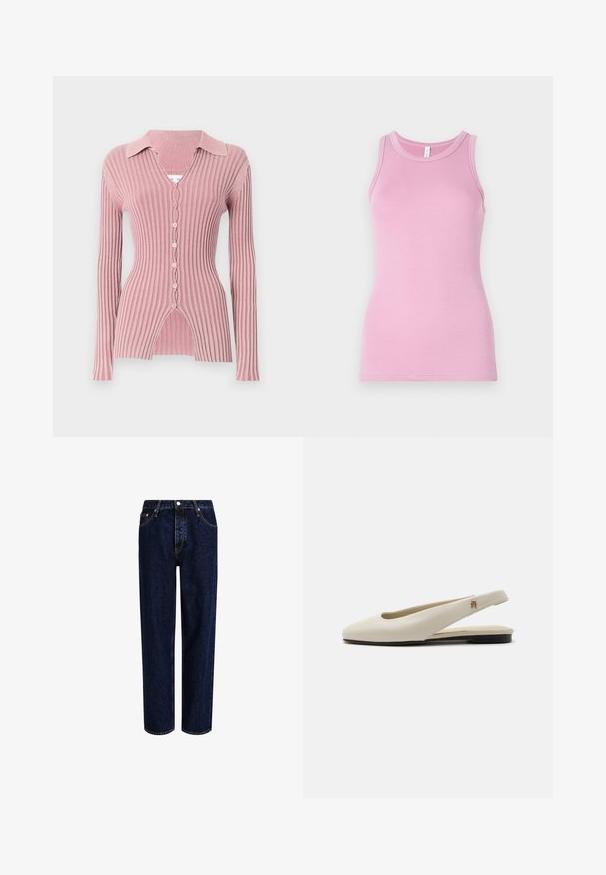 Cardigan de manga larga y canalé en rosa claro, con un cuello con solapas, escote en V y cierre de cinco botones con un distintivo dobladillo dividido.; Top rosa de tirantes con un diseño ajustado, que presenta un cuello redondo y textura acanalada. Sin patrones ni acentos presentes.; Jeans de mezclilla azul oscuro con un diseño de pierna recta, que presentan una cintura alta, estilo de cinco bolsillos y costuras en contraste. Sin adornos.; Zapato plano slingback de cuero color crema con puntera redondeada y pequeño emblema dorado en la correa.