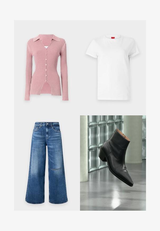 Cardigan de manga larga y canalé en rosa claro, con un cuello con solapas, escote en V y cierre de cinco botones con un distintivo dobladillo dividido.; Camiseta blanca de manga corta hecha de algodón ligero. Presenta un escote redondo y mangas enrolladas. Etiqueta de logo roja en el cuello.; Jeans de mezclilla azul de pierna ancha con un lavado desgastado, cuentan con un bolsillo frontal y un detalle desgastado en la rodilla, finalizados con una cintura clásica.; Botín de piel negra con puntera puntiaguda y tacón cuadrado que levita sobre un suelo gris reflectante cerca de una pared de bloques de cristal.