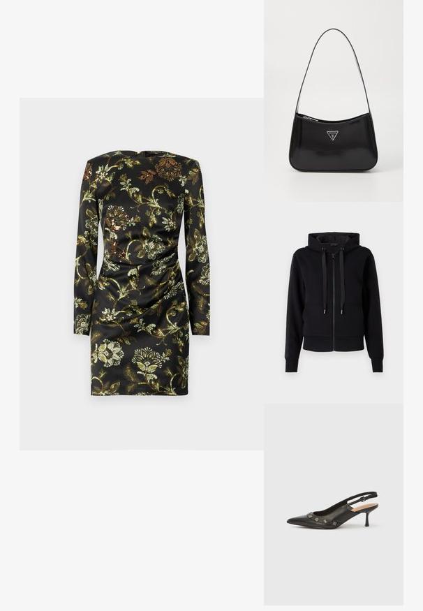 Sort zip-up hoodie lavet af blødt stof, med hætte, snore og ribbet manchetter. Glat tekstur med sidelommer.; Sort langærmet kjole med et blomsterprint i guld og grøn, lavet af glat stof med en rynket detalje i taljen.; Sort slingback-pumpe i læder med spids tå, lille hæl og dekorative metalakcenter langs frontåbningen. Glat tekstur.; Sort patenteret læder skuldertaske med en buet form, prydet med et sølvfarvet trekantet logo og en lynlås-lukning. Glat tekstur og slank rem.