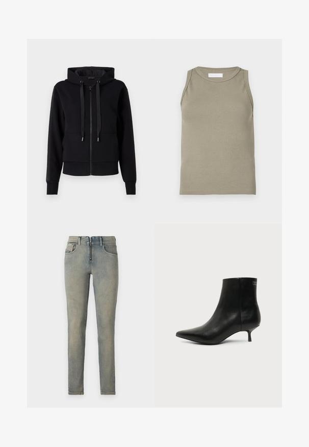 Sort zip-up hoodie lavet af blødt stof, med hætte, snore og ribbet manchetter. Glat tekstur med sidelommer.; Ribbet tanktop i olivengrøn med rund halsudskæring og ærmeløs design. Fremstillet af blødt, elastisk materiale med en tætsiddende pasform.; Tætsiddende jeans i lys blå denim, med en frontlynlås, fem lommer og en slidt vask med subtile farvevariationer.; Sort læder ankelstøvle med spids tå og lav kitten hæl på lys baggrund, der viser yderside.