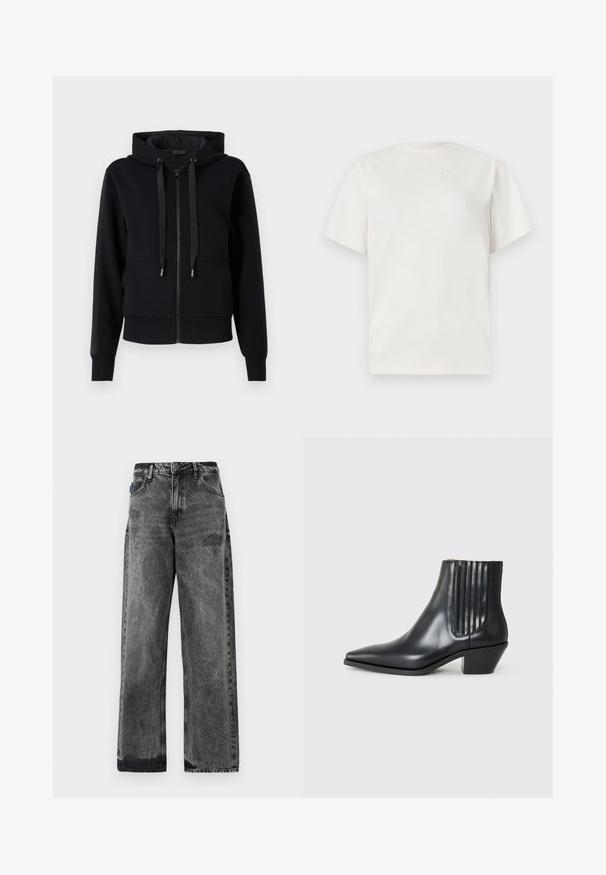 Sort zip-up hoodie lavet af blødt stof, med hætte, snore og ribbet manchetter. Glat tekstur med sidelommer.; Hvid bomulds t-shirt med rund hals, korte ærmer og et diskret præget logo på brystet. Glat tekstur og afslappet pasform.; Bredde ben sorte denimjeans med en falmet vask, slidte detaljer foran og standard fem-lomme design.; Sorte læder ankelstøvle med spids tå, elastiske sidepaneler med lodrette riller og en lav blokhæl. Glat tekstur og slankt design.