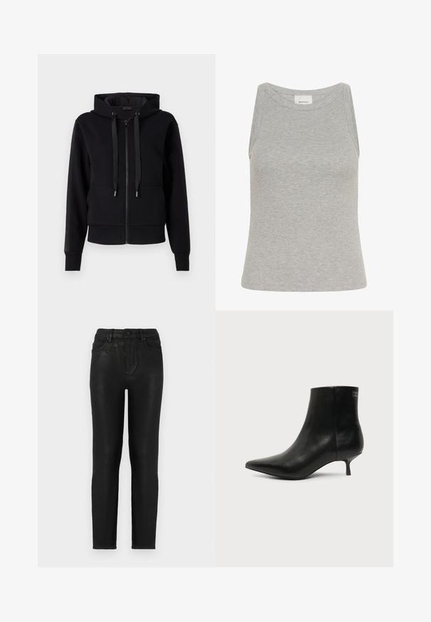 Sort zip-up hoodie lavet af blødt stof, med hætte, snore og ribbet manchetter. Glat tekstur med sidelommer.; Grå ribbet tanktop med rund halsudskæring og ærmeløs design. Fremstillet af blødt stof, har en tætsiddende silhuet og minimale syninger.; Sorte denim jeans med slim fit, der har høj talje, klassisk fem-lomme design og en subtil glans-struktur. Standard frontknaplukning.; Sort læder ankelstøvle med spids tå og lav kitten hæl på lys baggrund, der viser yderside.