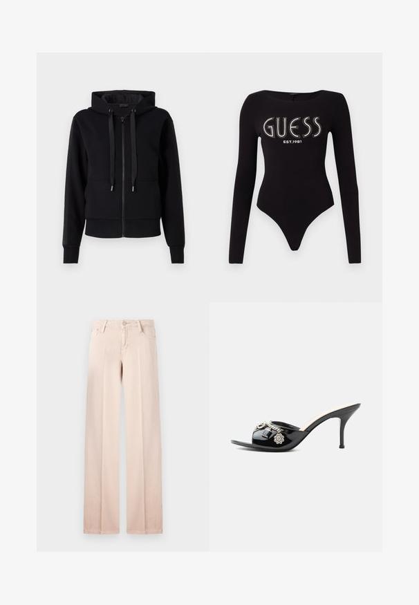 Sort zip-up hoodie lavet af blødt stof, med hætte, snore og ribbet manchetter. Glat tekstur med sidelommer.; Sort langærmet bodystocking med en scoop-halsudskæring, prydet med "GUESS" i rhinsten og "EST.1981" i hvid, lavet af strækstof.; Beige bredde ben jeans i en glat bomuldsblanding, fem-lomme design, bæltestropper og en knaplukning. Minimalistisk stil og lys farve.; Sort laklæder højt hælet mule med åben tå og dekorative sølvcharme inklusive en blomst og hængelås på frontstroppen.