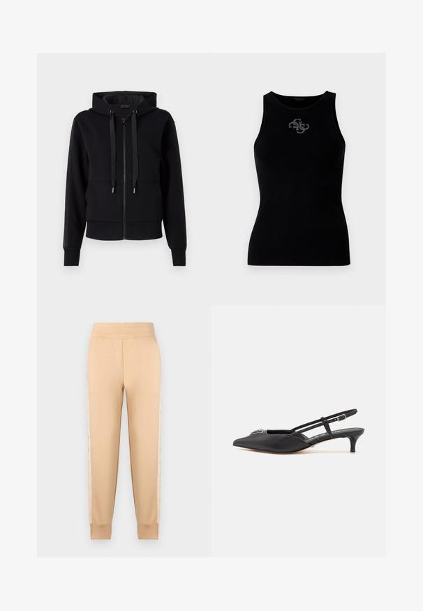 Sort zip-up hoodie lavet af blødt stof, med hætte, snore og ribbet manchetter. Glat tekstur med sidelommer.; Sort ribbet tank top med rund udskæring og et logo prydet med sølvfarvede nitter på forsiden. Blødt, strækbart stof.; Beige sweatpants med en glat tekstur, der har et tapered design, elastisk talje og mønstrede sidelommer.; Sorte slingback-sko med spids tå, lavet af glat materiale, med en lille hæl og en dekorativ sølvaccent på vamps.