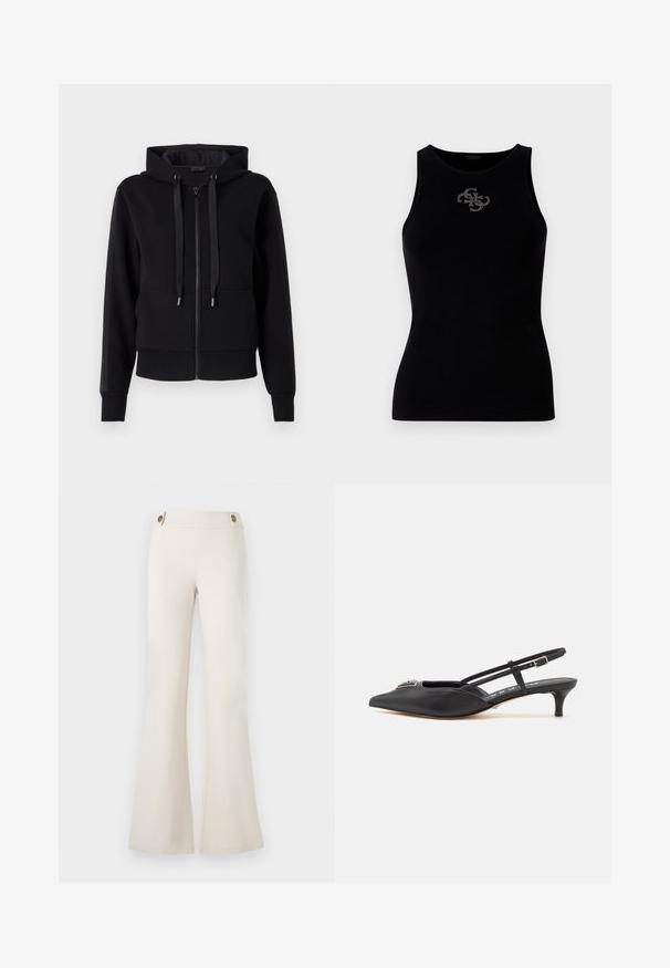 Sort zip-up hoodie lavet af blødt stof, med hætte, snore og ribbet manchetter. Glat tekstur med sidelommer.; Sort ribbet tank top med rund udskæring og et logo prydet med sølvfarvede nitter på forsiden. Blødt, strækbart stof.; Guess MAELICE BUTTONS FLARE PANT - Bukser - muted stone; Sorte slingback-sko med spids tå, lavet af glat materiale, med en lille hæl og en dekorativ sølvaccent på vamps.