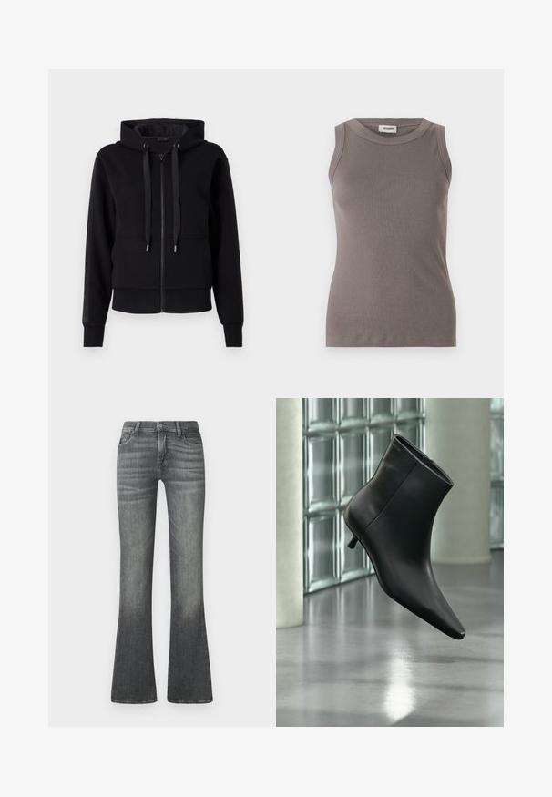 Sort zip-up hoodie lavet af blødt stof, med hætte, snore og ribbet manchetter. Glat tekstur med sidelommer.; Grå ribbede tanktop med rund halsudskæring og ærmeløs design, lavet af et blødt, tekstureret stof. Enkel, tætsiddende silhuet.; Grå flagrende jeans lavet af denim med en mellemhøj talje, subtilt slid og klassisk fem-lommers design.; Sort læderankelstøvle med spids tå og lav kitten-hæ, vist vinklet mod en poleret gulv- og glasblokvæg.