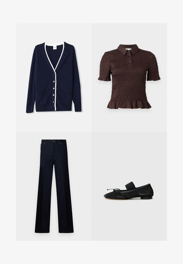 Marineblå cardigan lavet af blødt materiale, med V-hals, hvid kant, fem knapper og to forlommer. Klassisk design med subtile detaljer.; Brun bluse med korte ærmer i tekstureret smocket stof, to-knaps stolpe, flæsekant og klassisk krave.; Mørkeblå denimflared bukser med høj talje, knaplukning og forlommer. Glat tekstur med minimale syninger.; Sort flad sko med spids tå, lavet af tekstureret stof, med en sløjfeaccent og en lille, rund hæl. Elastisk rem ved anklen.