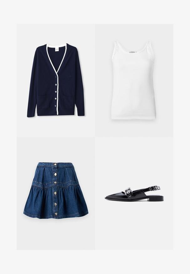 Marineblå cardigan lavet af blødt materiale, med V-hals, hvid kant, fem knapper og to forlommer. Klassisk design med subtile detaljer.; Hvid ribstrikket ærmeløs tanktop med blondekant på skulderstropperne og rund halsudskæring.; Blå denimnederdel med knaplukning foran, rynket nederste sektion og syningsdetaljer på paneler på hvid baggrund.; Sort laklæder flat sko med spids tå, dobbelte sølvspænder og slingback-hæl på hvid baggrund.