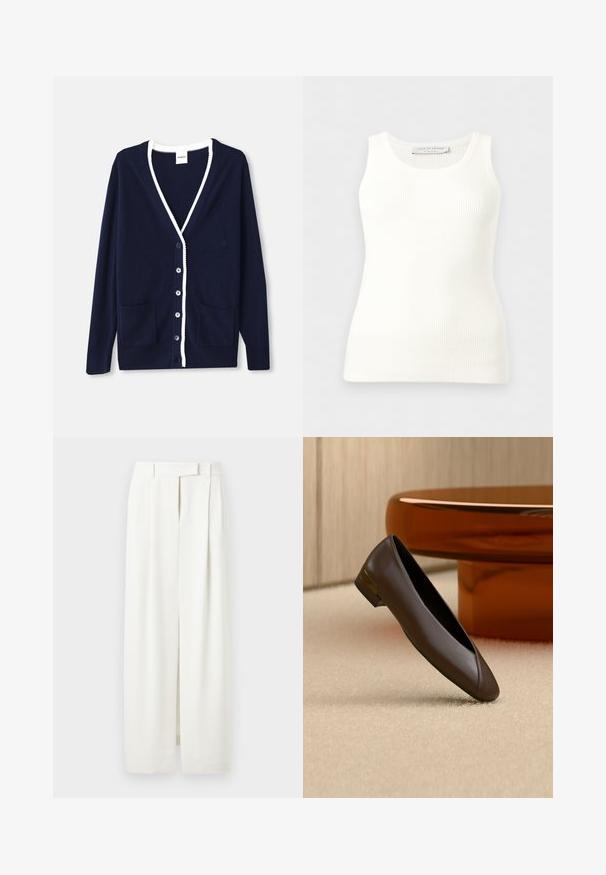 Marineblå cardigan lavet af blødt materiale, med V-hals, hvid kant, fem knapper og to forlommer. Klassisk design med subtile detaljer.; Hvid, ribstrikket, ærmeløs tanktop med rund halsudskæring, tætsiddende pasform og mærkeetiket på indersiden af bagkraven.; Hvide bukser med vide ben, plisseringer, bæltestropper og skjult frontlukning, vist mod en ensfarvet baggrund.; Mørkebrun læder flad sko med lav hæl og gulddetalje, placeret på beige tæppe nær et rundt bord i ravfarve.