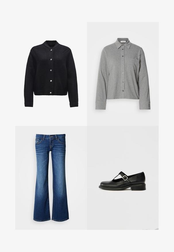 Zwarte wolmix jas met een knoopsluiting aan de voorkant, ribbelmanchetten en zakken. Heeft een moderne kraag en een gestructureerde stof.; Grijze button-up shirt van soepel materiaal, voorzien van een kraag, lange mouwen, een borstzak en een knoopmanchet met logodetail.; Flared spijkerbroek in donkerblauw, met een klassiek ontwerp van vijf zakken, knoopsluiting en contrasterende stiknaden. Soepele textuur.; Zwarte leren Mary Jane schoen met een ronde neus, T-band ontwerp, verstelbare gesp en een laag gestapeld hakje. Gladde textuur met minimale details.