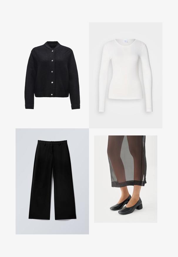 Zwarte wolmix jas met een knoopsluiting aan de voorkant, ribbelmanchetten en zakken. Heeft een moderne kraag en een gestructureerde stof.; Witte lange mouwen shirt gemaakt van een zachte, gladde stof; heeft een ronde halslijn en een aansluitende vorm, zonder patronen of versieringen.; Zwarte wijde broekspijpen met ceintuurlussen, een ritssluiting aan de voorkant en zijzakken, plat neergelegd op een lichtgrijze ondergrond.; Zwarte schoenen met blokhak en een gladde leren afwerking, gedragen met een doorschijnende zwarte rok met een nette zoom en minimalistisch ontwerp.