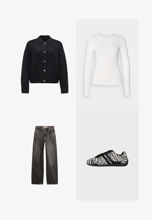 Zwarte wolmix jas met een knoopsluiting aan de voorkant, ribbelmanchetten en zakken. Heeft een moderne kraag en een gestructureerde stof.; Witte lange mouwen shirt gemaakt van een zachte, gladde stof; heeft een ronde halslijn en een aansluitende vorm, zonder patronen of versieringen.; Zwart gewassen rechte denim jeans met voorzakken, riemlussen en merklabel in de tailleband.; Zwart-witte vetersneaker met zebraprint en een gestructureerde zwarte zool op een egale lichte achtergrond.