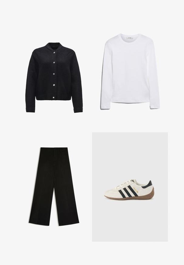Zwarte wolmix jas met een knoopsluiting aan de voorkant, ribbelmanchetten en zakken. Heeft een moderne kraag en een gestructureerde stof.; Wit T-shirt met lange mouwen, gemaakt van ribgebreide katoen, met een ronde halslijn en een rechte zoom. Eenvoudig ontwerp zonder patronen of accenten.; Zwarte wijde broek met riemlussen, knoop aan de voorkant en rits, plat neergelegd op een witte achtergrond.; Witte Adidas-sneaker met zwarte strepen, bruine gestructureerde zool en gouden "SPEZIAL"-letters aan de zijkant, gezien vanaf de buitenkant.