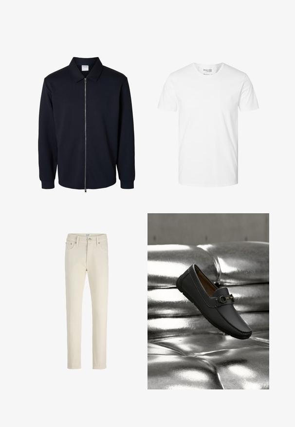 Zwart herenjack met ritssluiting, lange mouwen, puntige kraag en geribde boorden, getoond op een witte achtergrond.; Effen wit T-shirt met korte mouwen en ronde hals van biologisch katoen, merk Selected Homme, maat large.; Beige denim broek met rechte pijpen, vijf zakken, metalen knoop en subtiele textuur. Eenvoudige en veelzijdige stijl.; Zwarte leren loafer met metalen gespsdetail zweeft boven een glanzende zilveren leren bank.