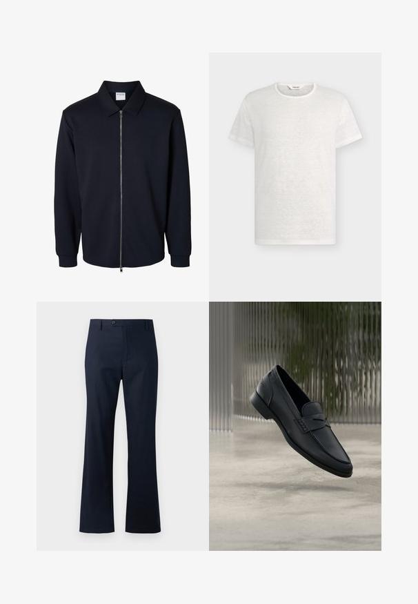 Chaqueta negra para hombre con cremallera, mangas largas, cuello puntiagudo y puños acanalados, mostrada sobre un fondo blanco.; Camiseta básica blanca de manga corta con cuello redondo y tela ligeramente texturizada sobre un fondo gris claro neutro.; Pantalones azul marino hechos de una mezcla de algodón, con un diseño de pierna recta, cierre de un solo botón y dobladillo alargado.; Zapato tipo mocasín de cuero negro con acabado liso, punta puntiaguda y detalles cosidos en la pala. Tacón bajo y diseño minimalista.