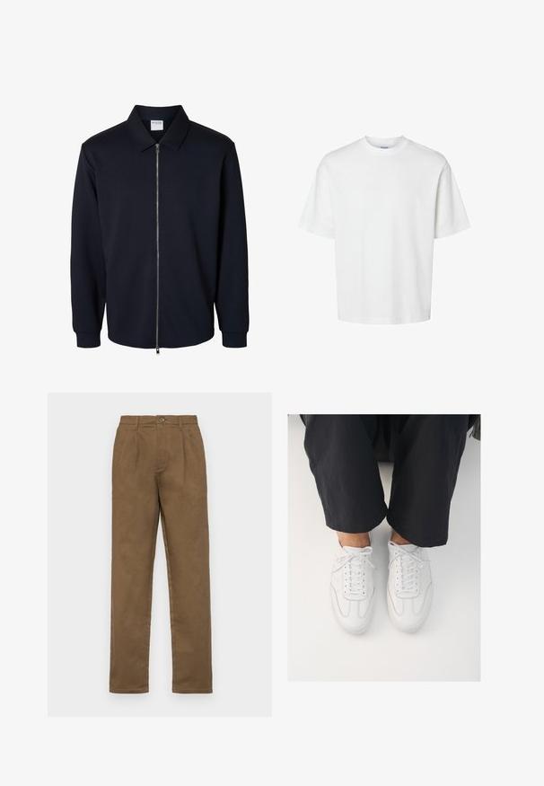 Chaqueta negra para hombre con cremallera, mangas largas, cuello puntiagudo y puños acanalados, mostrada sobre un fondo blanco.; Camiseta blanca lisa de manga corta con cuello redondo y corte holgado mostrada sobre un fondo blanco.; Pantalones de algodón marrón con un corte recto, presentan un cierre de un botón, pasadores para cinturón y pliegues marcados en la parte delantera.; Zapatillas de cuero blanco con una textura lisa, punta redonda y sistema de cierre clásico, posicionadas sobre pantalones oscuros de corte holgado.