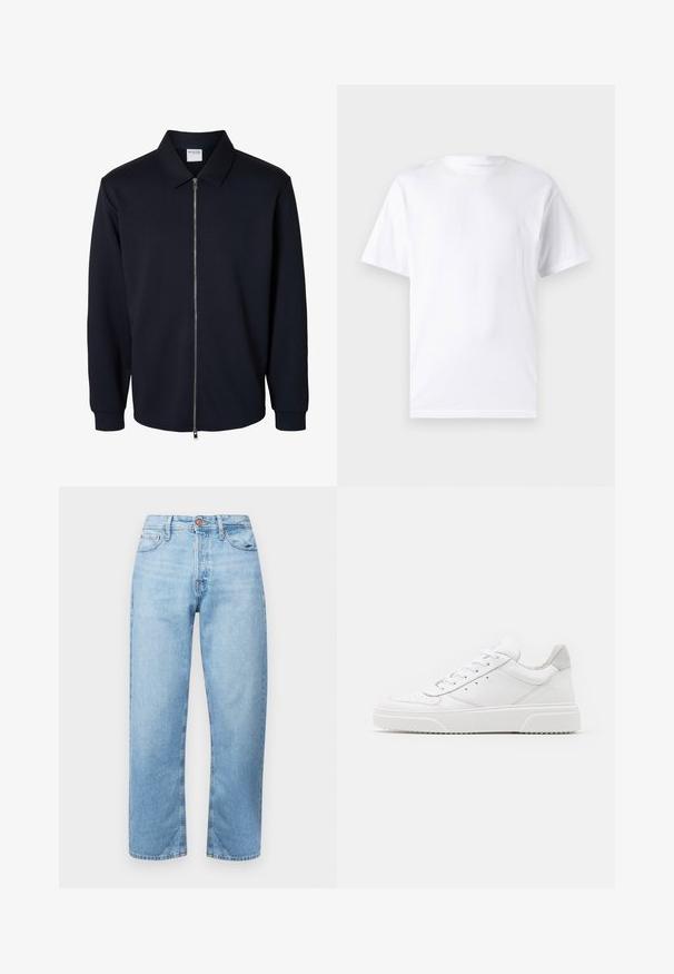 Chaqueta negra para hombre con cremallera, mangas largas, cuello puntiagudo y puños acanalados, mostrada sobre un fondo blanco.; Camiseta blanca de manga corta hecha de algodón con cuello redondo, que presenta una textura suave y un diseño simple sin patrones ni acentos.; Vaqueros de mezclilla azul claro con corte recto, diseño de cinco bolsillos y cierre de botón. Textura suave y mínima decoloración con acentos cosidos.; Zapatillas de cuero blanca con un acabado suave, punta redondeada, cordones planos y una suela texturada. Acento de ante gris en el talón.