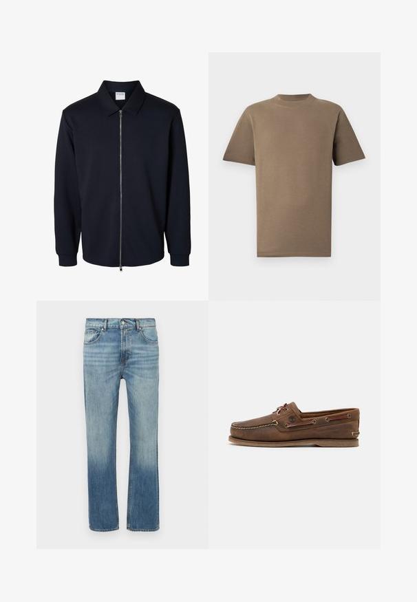 Chaqueta negra para hombre con cremallera, mangas largas, cuello puntiagudo y puños acanalados, mostrada sobre un fondo blanco.; Camiseta de algodón marrón con mangas cortas, cuello redondo y corte recto. Textura suave, detalles mínimos de costura y sin logotipos visibles.; Vaqueros de mezclilla azul claro con diseño de pierna recta, detalles desgastados, cinco bolsillos y cierre frontal con botón. Costuras visibles a lo largo de las costuras.; Zapato náutico de cuero marrón con costuras beige, puntera redonda y detalles de cordones. Suela plana de goma y ojales laterales para ventilación.