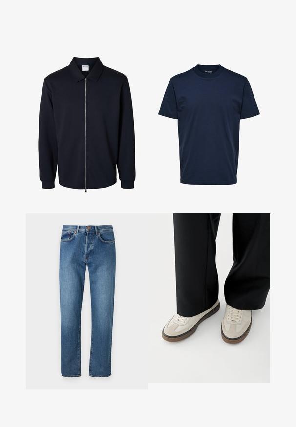 Herren schwarze Jacke mit Reißverschluss, langen Ärmeln, spitzem Kragen und gerippten Bündchen, gezeigt auf weißem Hintergrund.; Einfarbiges dunkelblaues Herren-T-Shirt mit kurzen Ärmeln und Rundhalsausschnitt, reguläre Passform, keine sichtbaren Muster oder Logos.; Hellblaue Denim-Jeans mit geradem Bein, fünf Taschen, Knopfverschluss und dezenter Ausbleichung an der Vorderseite.; Füße mit beigen Sneakers mit braunen Sohlen und schwarzen Hosen mit weitem Bein auf weißem Hintergrund.