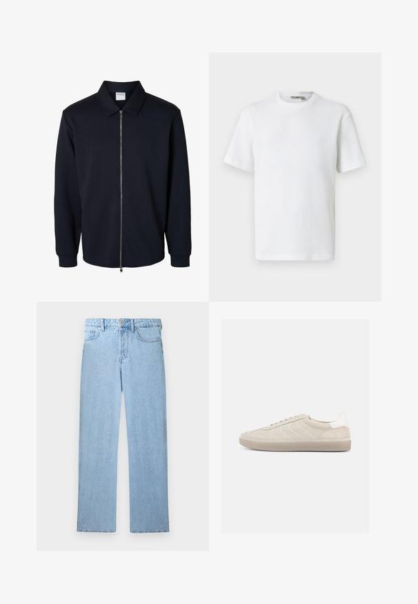 Herren schwarze Jacke mit Reißverschluss, langen Ärmeln, spitzem Kragen und gerippten Bündchen, gezeigt auf weißem Hintergrund.; Weißes, kurzärmeliges T-Shirt mit Waffelstrick und Rundhalsausschnitt, mit kleinem Markenetikett im Kragen, auf einfarbigem Hintergrund präsentiert.; Hellblaue, hoch taillierte Jeans mit geradem Bein, Frontknopf, Reißverschluss und Fünf-Taschen-Design auf weißem Hintergrund.; Beiger Wildleder-Sneaker mit strukturiertem Obermaterial, glattem weißen Fersenbereich, dünnen Schnürsenkeln und Gummisohle. Verfügt über ein flaches Design.