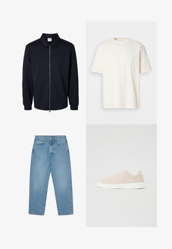 Veste noire zippée pour homme à manches longues, col pointu et poignets côtelés, présentée sur fond blanc.; T-shirt uni à col rond, à manches courtes, de couleur blanc cassé, design unisexe, présenté sur un fond gris neutre.; Jean en denim bleu clair avec une coupe droite, design cinq poches et une texture légèrement délavée. Dispose d'une fermeture à bouton et à glissière.; Baskets en daim beige avec semelles en caoutchouc blanc, bout rond et six œillets pour les lacets. Texture lisse avec un design minimaliste.