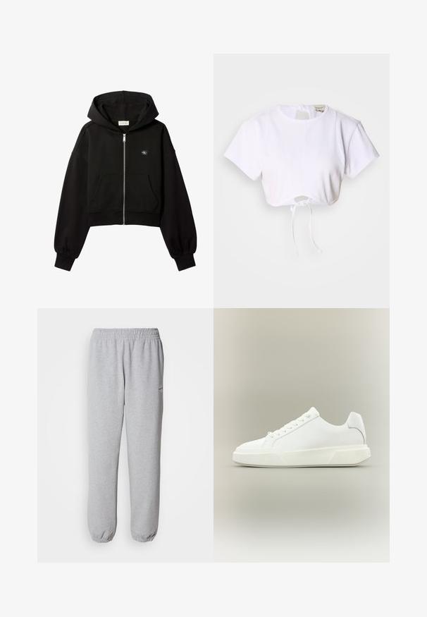 Sweat à capuche court noir zippé, poches avant, coupe décontractée, poignets élastiques et petit logo Calvin Klein sur la poitrine.; T-shirt blanc court en tissu lisse. Présente un col rond, des manches courtes et un cordon de serrage en bas pour des ajustements.; Pantalons de jogging gris en tissu doux et texturé. Taille élastique et poignets, avec un petit logo sur le côté gauche.; Baskets basses tout blanc avec fermeture à lacets, semelle épaisse et talon rembourré, présentées sur un fond clair et neutre.