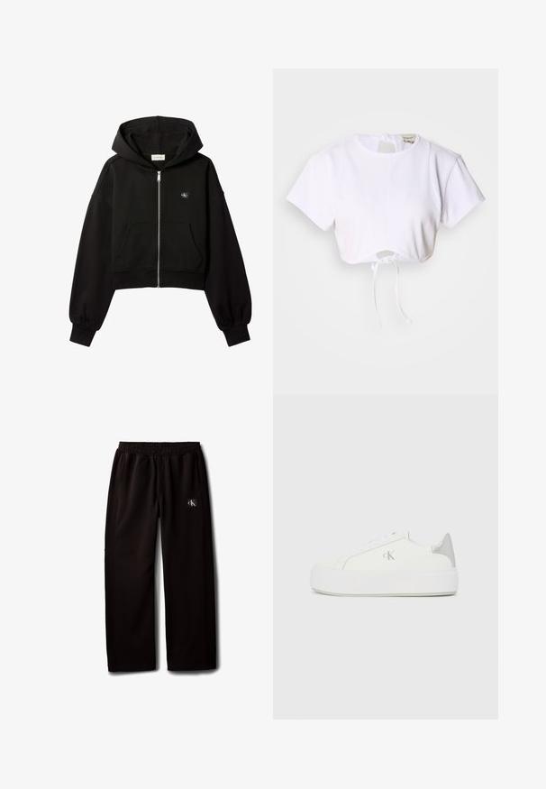 Sort cropped hættetrøje med lynlås foran, forlommer, afslappet pasform, elastiske manchetter og lille Calvin Klein-logo på brystet.; Hvid cropped t-shirt lavet af glat stof. Den har en rund halsudskæring, korte ærmer og en justerbar snoretræk i bunden.; Sorte vidde bukser med elastisk taljebånd og sidelommer, med en lille Calvin Klein-logo patch på højre lår.; Hvide lærredssneakers med en tyk hvid sål, prydet med en metallic sølvaccent på hælen og en diskret logo-detalje på siden.