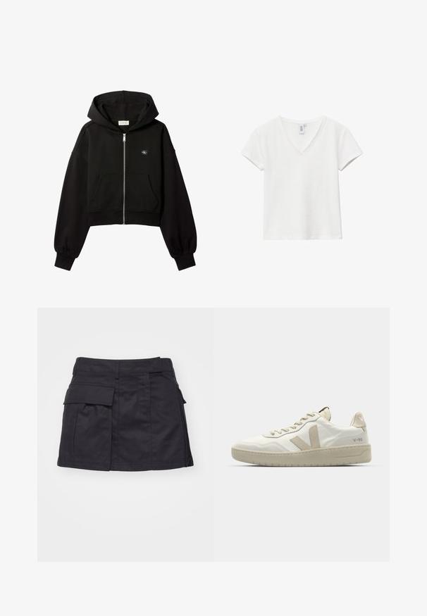 Schwarzer, kurz geschnittener Kapuzenpullover mit Reißverschluss, Fronttaschen, lockerer Passform, elastischen Bündchen und kleinem Calvin Klein-Logo auf der Brust.; Weißes T-Shirt mit kurzen Ärmeln und V-Ausschnitt in entspannter Passform, dargestellt vor einem schlichten weißen Hintergrund.; Schwarzer Cargo-Minirock aus Baumwolle. Verfügt über seitliche Taschen und ein flaches Frontdesign mit einem leicht ausgefransten Saum.; Weißer Sneaker mit beigen Akzenten, strukturiertem Obermaterial, runder Zehenpartie und tonal genähten Nähten. Verfügt über eine gepolsterte Sohle und ein 'V'-Logo an der Seite.