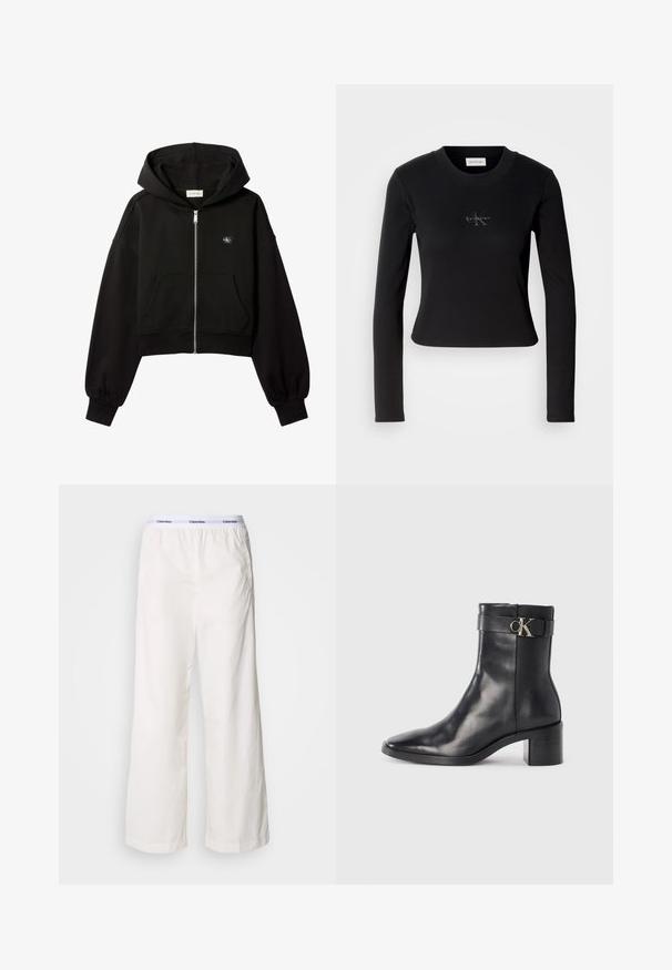 Sort cropped hættetrøje med lynlås foran, forlommer, afslappet pasform, elastiske manchetter og lille Calvin Klein-logo på brystet.; Sort langærmet top med en tætsiddende design og et lille Calvin Klein-logo på brystet, præsenteret mod en hvid baggrund.; Hvide brede bukser med elastisk talje og et kontrasterende Calvin Klein-logo. Fremstillet af glat stof, giver de en afslappet pasform.; Sort læder ankelstøvle med spids tå, blokhæl og en rem med en metallisk logo detalje. Glat tekstur og minimalistisk design.