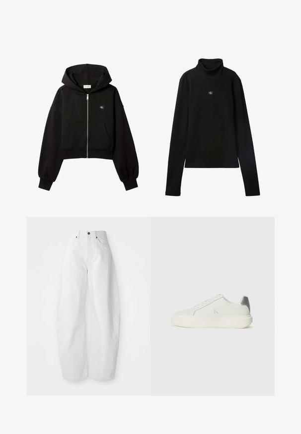 Sort cropped hættetrøje med lynlås foran, forlommer, afslappet pasform, elastiske manchetter og lille Calvin Klein-logo på brystet.; Sort ribstrikket bluse med lange ærmer og lille firkantet Calvin Klein-logo placeret centralt på brystet.; Højtaljede hvide denimbukser med løs pasform. Har en knaplukning, sidelommer og et minimalistisk design. Glat tekstur.; Hvide sneakers lavet af læder med en glat tekstur, forsynet med en sølvaccent på hælen, flad sål og minimalistisk design.