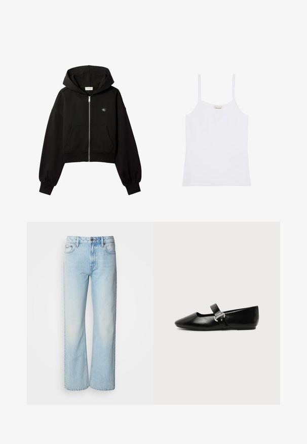 Schwarzer, kurz geschnittener Kapuzenpullover mit Reißverschluss, Fronttaschen, lockerer Passform, elastischen Bündchen und kleinem Calvin Klein-Logo auf der Brust.; Weißes Calvin Klein Damen-Top mit dünnen Schulterträgern und einfachem, figurbetontem Design.; Helle blaue weit geschnittene Jeans aus Denim, mit einem klassischen Fünf-Taschen-Design und einer dezenten, gewaschenen Textur. Die Denim-Nähte sind sichtbar.; Schwarzer Ledermary-Jane-Flachschuh mit abgerundetem Zehenbereich und silberner Schnalle auf einfachem Hintergrund.