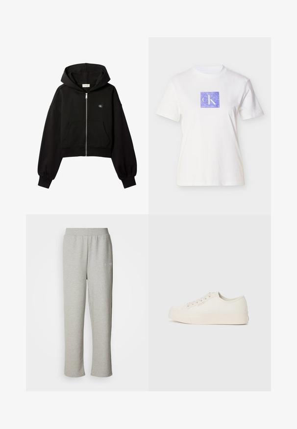 Schwarzer, kurz geschnittener Kapuzenpullover mit Reißverschluss, Fronttaschen, lockerer Passform, elastischen Bündchen und kleinem Calvin Klein-Logo auf der Brust.; Weißes Baumwoll-T-Shirt mit einem lila Quadratdesign und den Buchstaben "CK" in einem hellen Farbton. Kurze Ärmel und Rundhalsausschnitt.; Graue Sweatpants aus weichem Material mit einem elastischen Bund. Sie verfügen über ein kleines Logo auf der linken Seite und ein gerades Bein-Design.; Sneaker aus off-weißem Canvas, mit einem Low-Top-Design, runder Zehenpartie und flacher Gummisohle mit dezenten Nähdetails.