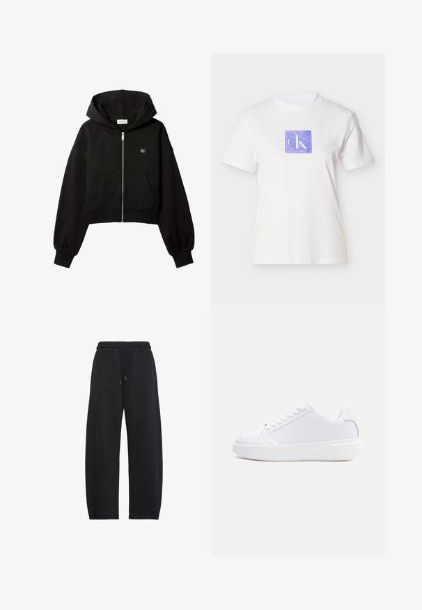 Sweat à capuche court noir zippé, poches avant, coupe décontractée, poignets élastiques et petit logo Calvin Klein sur la poitrine.; T-shirt en coton blanc avec un motif carré violet portant les lettres "CK" dans une teinte claire. Manches courtes et col rond.; Pantalon de survêtement noir à coupe ample avec ceinture élastique et cordon de serrage, conçu pour un usage décontracté ou sportif.; Baskets basses blanches à lacets, semelle épaisse et dessus lisse, vues de côté extérieur sur un fond clair uni.