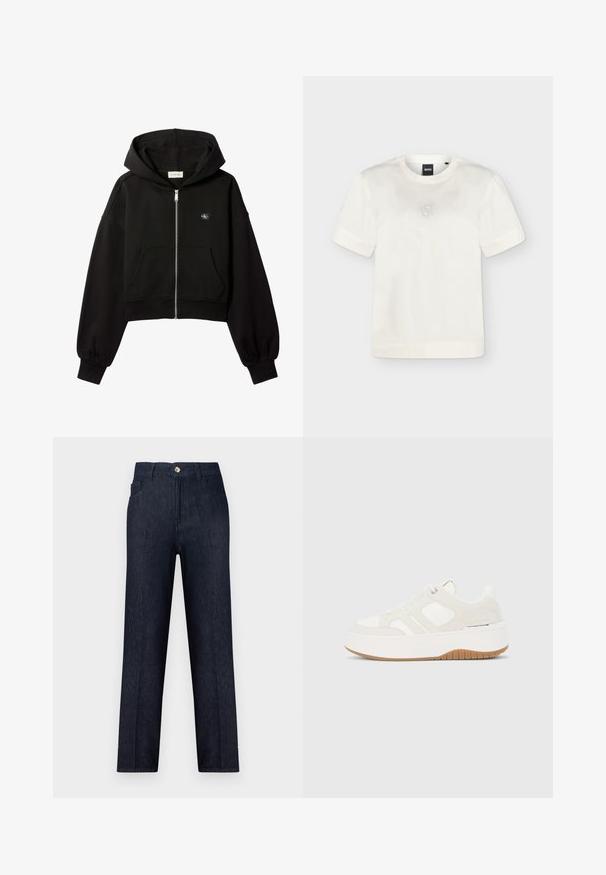 Musta cropped-tyylinen vetoketjullinen huppari, jossa etutaskut, rento istuvuus, joustavat hihansuut ja pieni Calvin Klein -logo rinnassa.; Valkoinen lyhythihainen pyöreäkauluksinen t-paita, jossa on hienovarainen pistekuvio, joka muodostaa rinnan kohdalta neliön, sekä musta BOSS-merkitty lappu kauluksessa.; Tummansiniset farkut suoralla lahkeensuulla, tavallisella vyötärönauhalla, etutaskuilla ja yhdellä metallinapilla vyötäröllä.; Valkoinen ja beige korollinen tennari, jossa nauhat edessä, kumipohja, sivumerkintä ja ommellut paneeliyksityiskohdat.