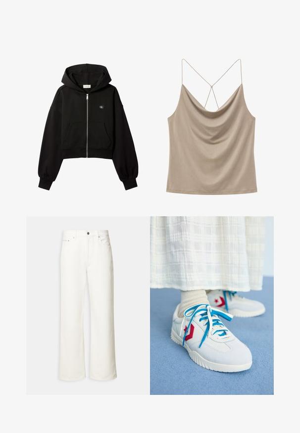 Schwarzer, kurz geschnittener Kapuzenpullover mit Reißverschluss, Fronttaschen, lockerer Passform, elastischen Bündchen und kleinem Calvin Klein-Logo auf der Brust.; Beiger Satin-Camisole-Top mit drapiertem Ausschnitt und dünnen, gekreuzten Trägern am Rücken auf weißem Hintergrund.; Weiße Jeans mit weitem Bein, vorn mit Knopfleiste, Gürtelschlaufen und Fünf-Taschen-Design.; Weiße Sneaker mit roten und blauen Akzenten, strukturiertem Stoff, flachen Schnürsenkeln, Gummisohlen und seitlichem Logodetail. Getragen mit hellen Socken.