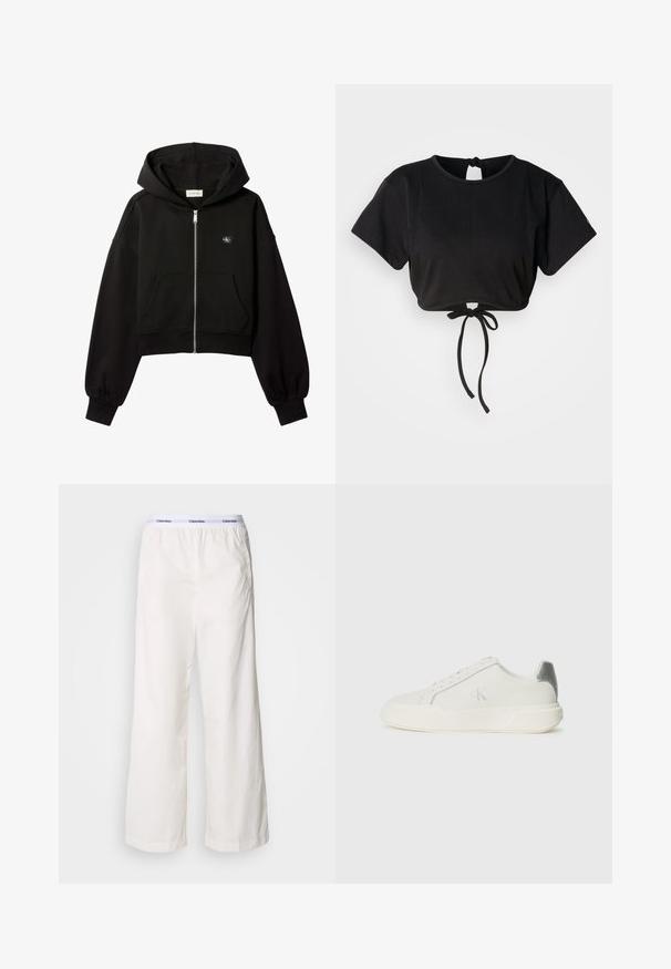 Schwarzer, kurz geschnittener Kapuzenpullover mit Reißverschluss, Fronttaschen, lockerer Passform, elastischen Bündchen und kleinem Calvin Klein-Logo auf der Brust.; Schwarzes, kurz geschnittenes T-Shirt aus weichem Stoff, mit kurzen Ärmeln, einem runden Halsausschnitt und einem Bindeband auf der Rückseite zur Anpassung.; Weiße weite Hosen mit einem elastischen Bund, der ein kontrastierendes Calvin Klein-Logo trägt. Hergestellt aus glattem Stoff bieten sie eine lockere Passform.; Weißer Sneaker aus Leder mit glatter Textur, ausgestattet mit einem silbernen Akzent an der Ferse, flacher Sohle und minimalistischem Design.